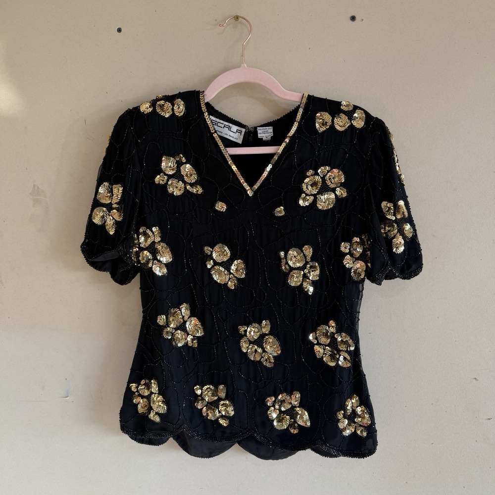 Vintage 80s Scala Silk Beaded Sequin Top Small Black Gold Glam Scallop Hem
